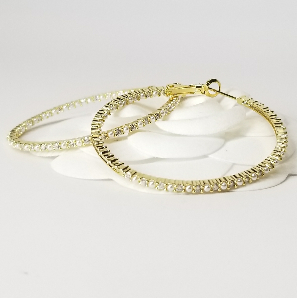NEW Gold Pave CZ Diamond Pearl Hoop Earrings - Picture 4 of 8